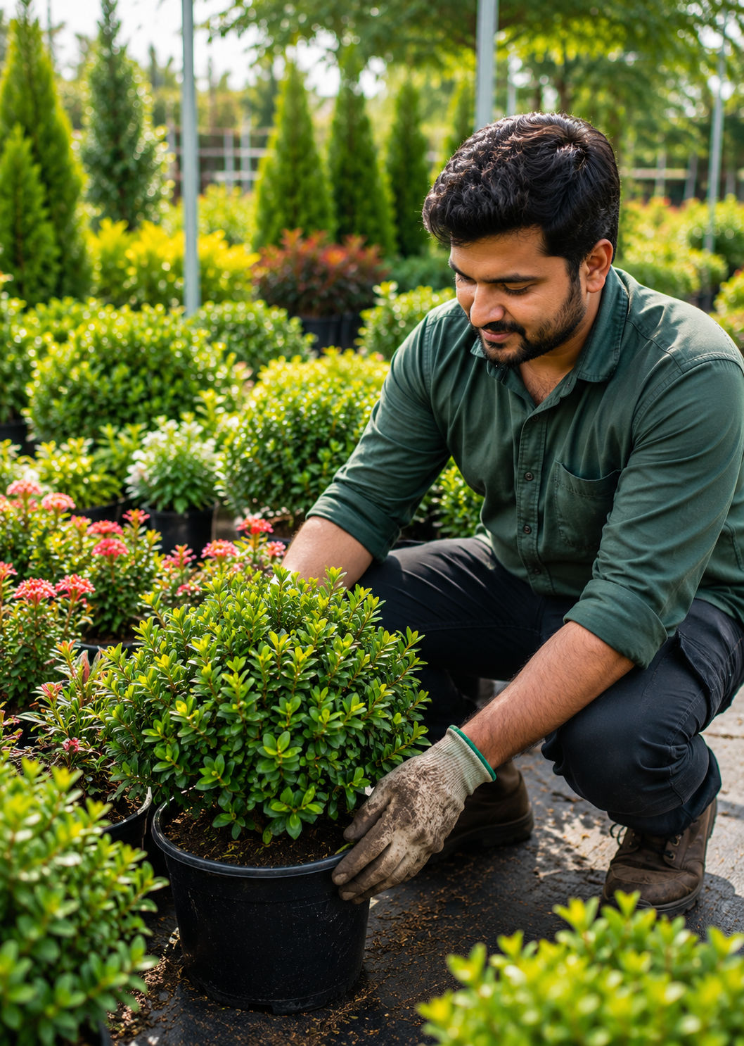 Professional gardener maintaining premium nursery plants at Divya Vigna Sri Nursery Exports in Kadiyam, Andhra Pradesh.