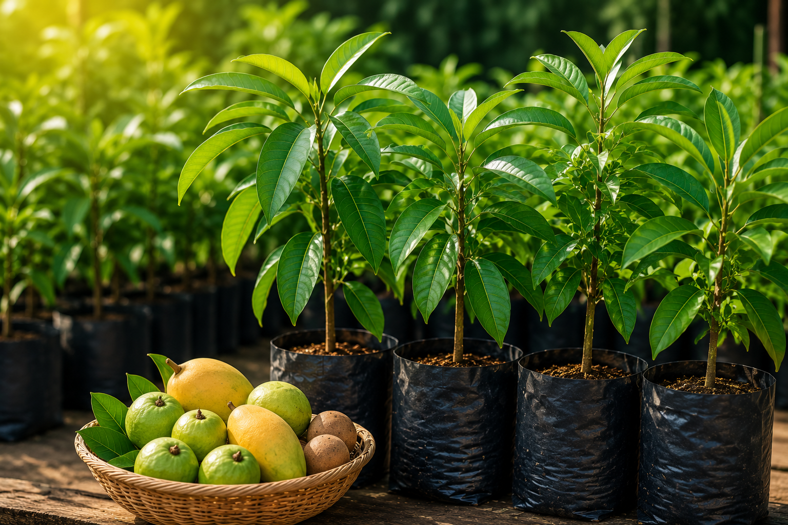 Healthy fruit plants in grow bags at Divya Vigna Sri Nursery Exports, Kadiyam Plant Nursery