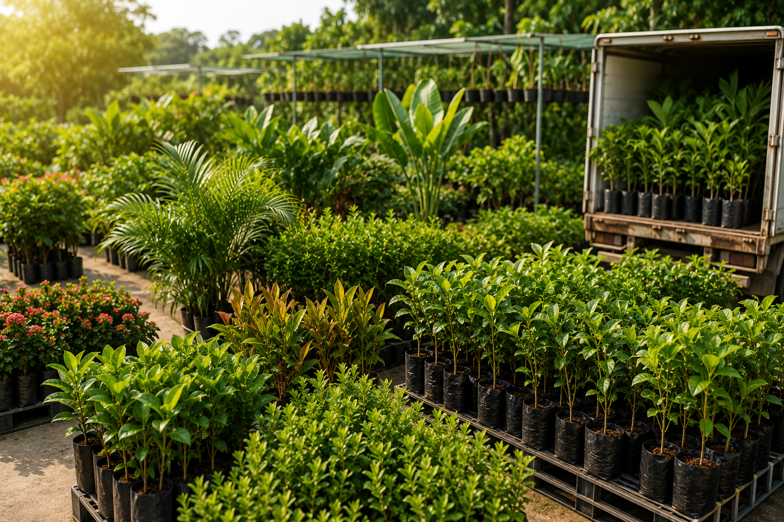 Landscape plant nursery with export-quality garden plants, ornamental plants, fruit plants, and saplings at Divya Vigna Sri Nursery Exports, Kadiyam.