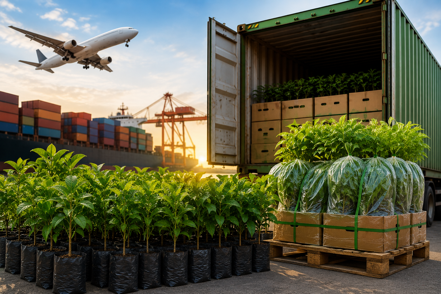 Export-quality nursery plants packed for domestic and international shipping at Divya Vigna Sri Nursery Exports, Kadiyam.