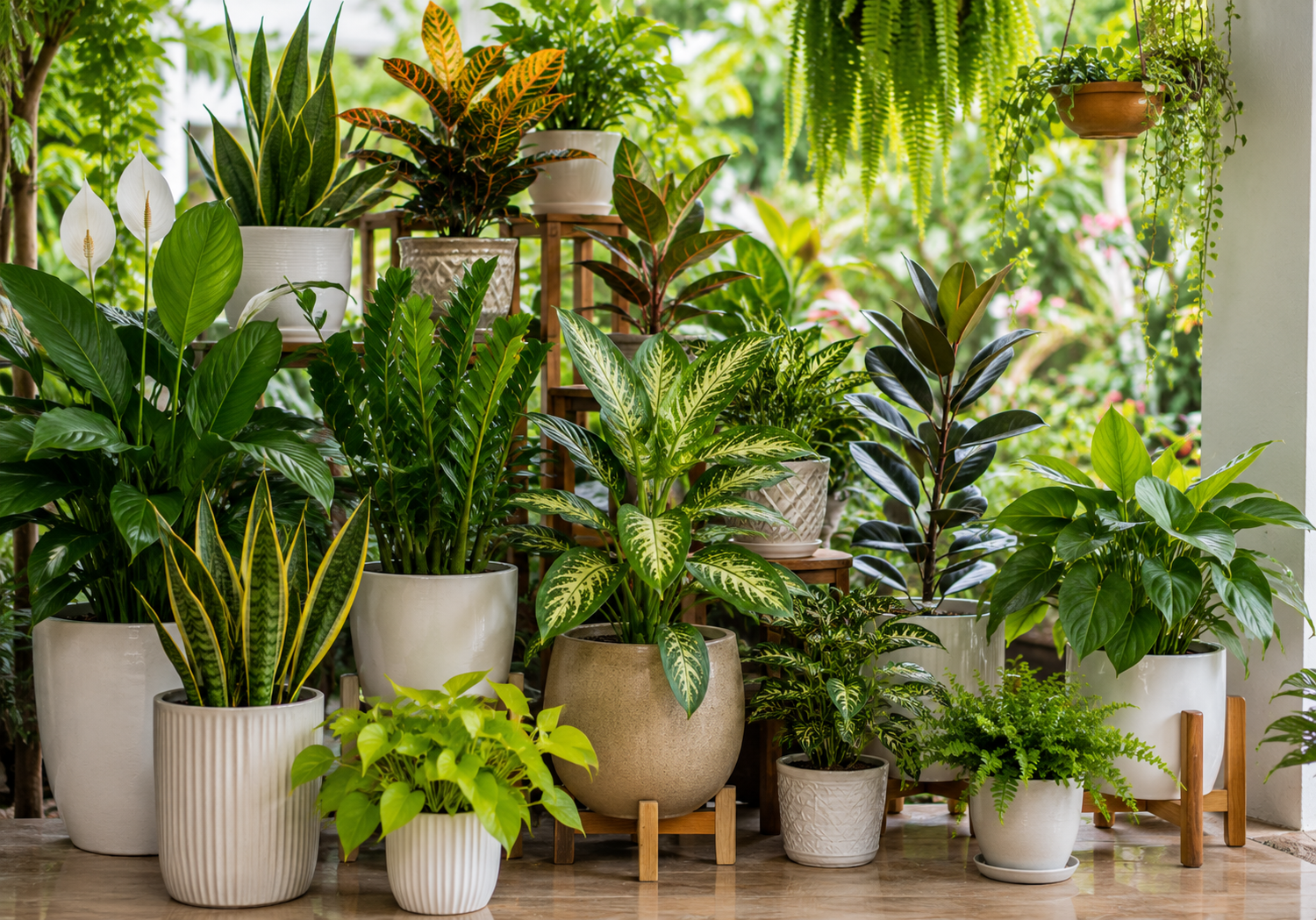 Indoor and outdoor ornamental plants displayed at Divya Vigna Sri Nursery Exports in Kadiyam, Andhra Pradesh