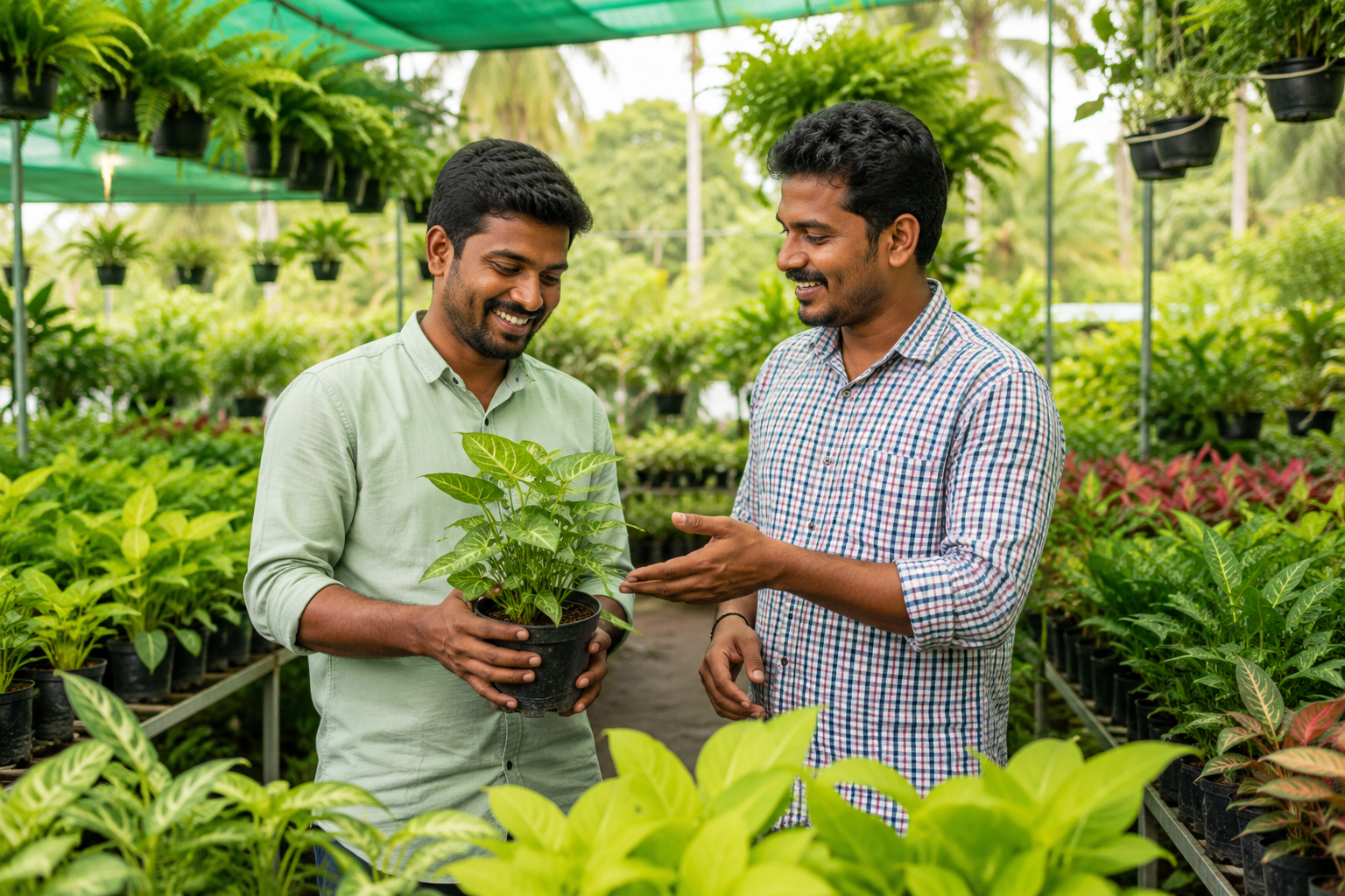 Divya Vigna Sri Nursery Exports team inspecting healthy nursery plants at Kadiyam Plant Nursery