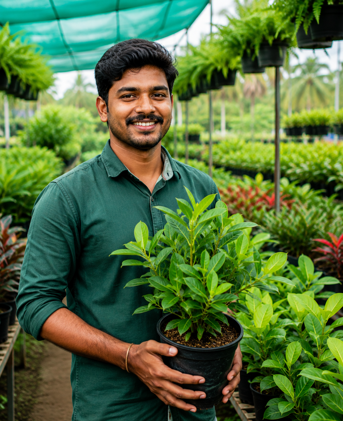 Andhra Pradesh nursery professional holding a healthy potted plant at Divya Vigna Sri Nursery Exports in Kadiyam