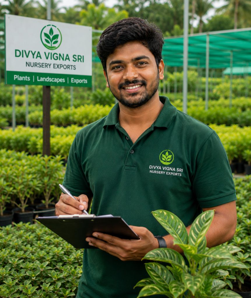 Andhra Pradesh nursery export professional inspecting healthy plants at Divya Vigna Sri Nursery Exports in Kadiyam